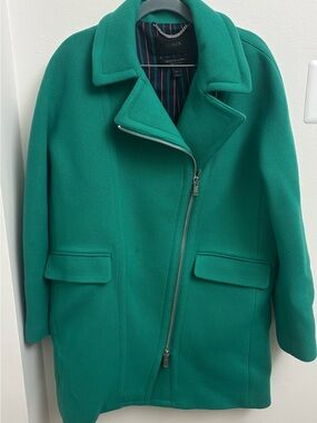 J.Crew Emerald Green Wool Pea Coat Stadium Cloth by Nello Gori 2 Way Zip Size 12